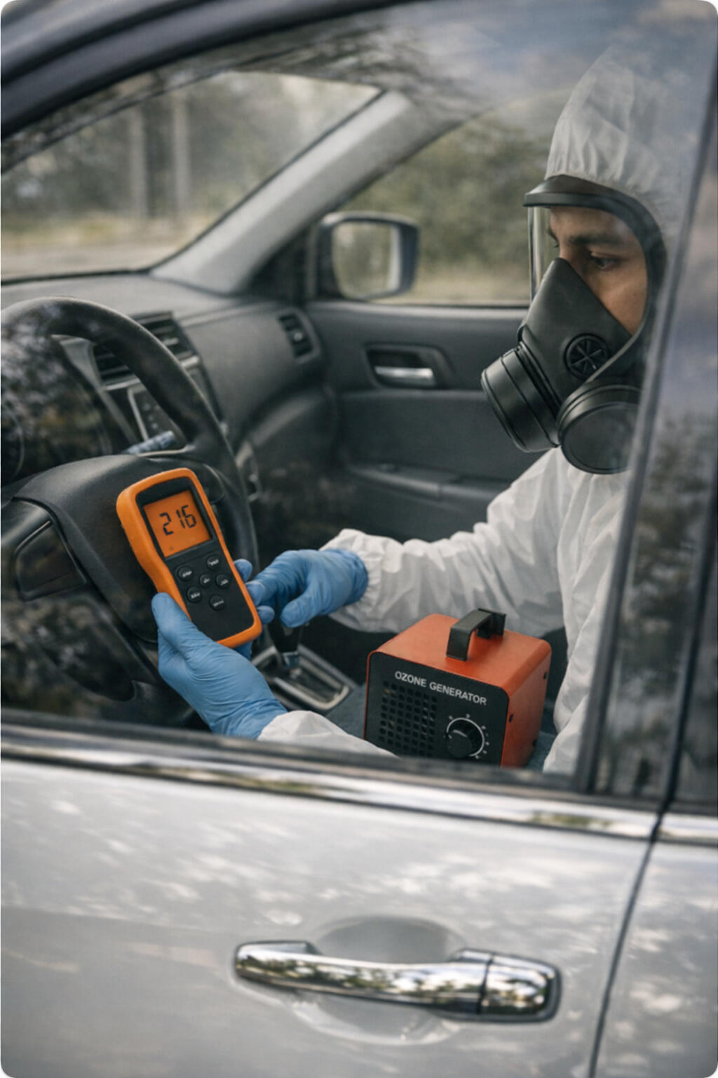 A sealed vehicle on an outdoor used car lot receiving a professional ozone treatment. A window pass-through seal routes a power cord from the ozone generator inside the cabin to an EcoFlow-style portable power station on the pavement outside. A digital ozo