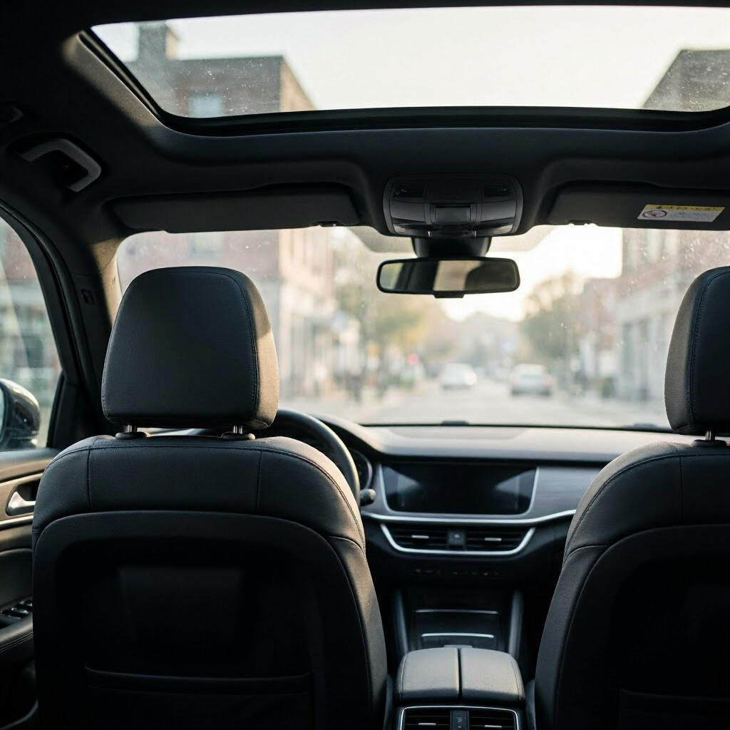 View from the rear seat of a clean, dark-leather car interior looking toward the windshield. Morning light filters through the glass onto immaculate seats and an uncluttered dashboard. No air fresheners. No odor maskers. Just a neutral, factory-fresh cabin