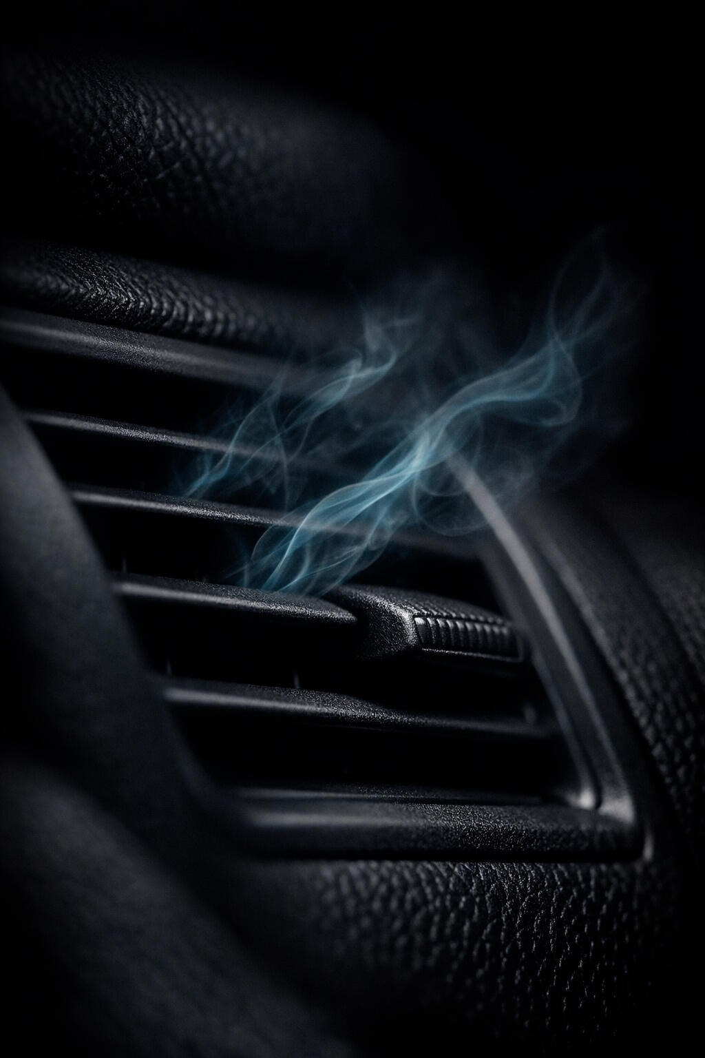Ozone gas drifting from a car's AC vent inside a dark vehicle cabin, visualizing molecular odor elimination